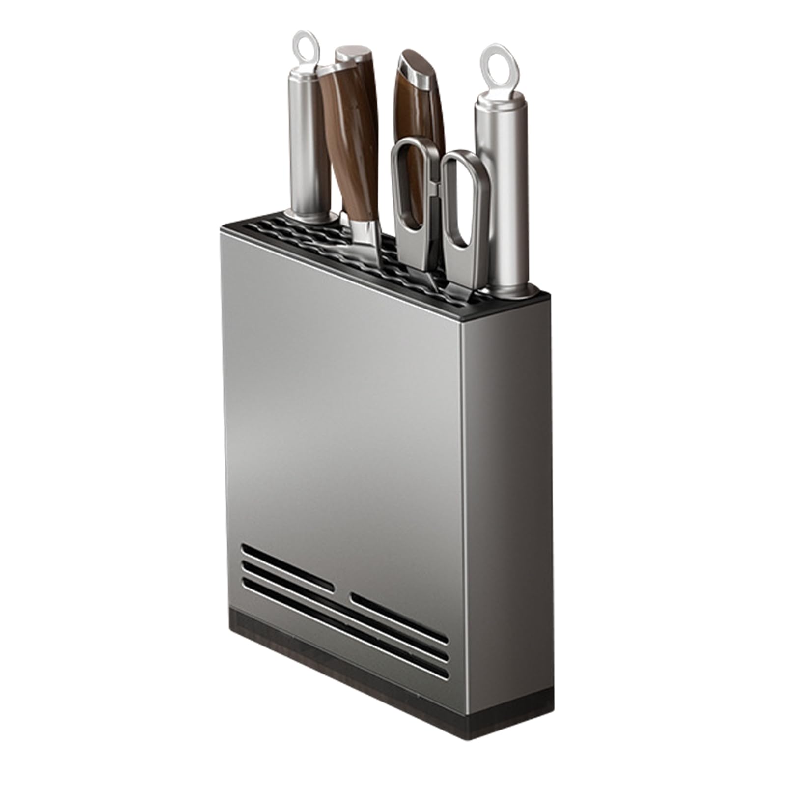 Magnetic Universal Knife Block Holder Magnetic Aluminum Knife Holder for Refrigerator with Slots for Scissors and Sharpening Rod Storage Stand Display Unique Slot Design to Protect Blade