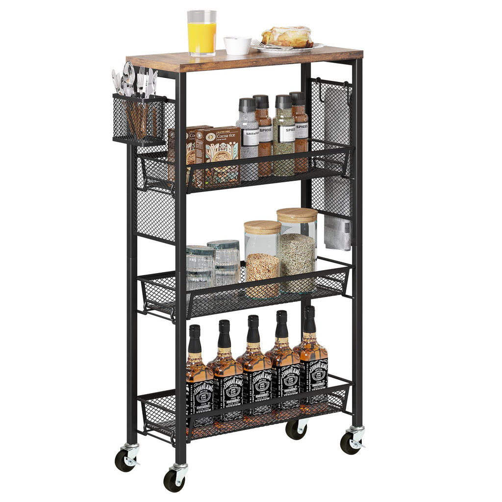 DWVO 4-Tier Slim Rolling Cart 34" Kitchen Storage Cart with Baskets & Wooden Tabletop Mobile Utility Cart for Narrow Space for Kitchen Bathroom Laundry Room Black