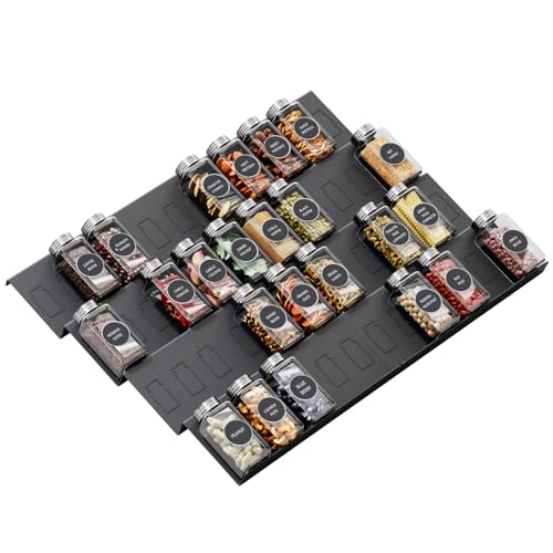 Famhap Spice Drawer Organizer 8 Tier Expandable from 11.7" to 23.2" Seasoning Rack Tray Insert for Kitchen Drawers Spice Rack Tray for Drawer/Countertop (Black)